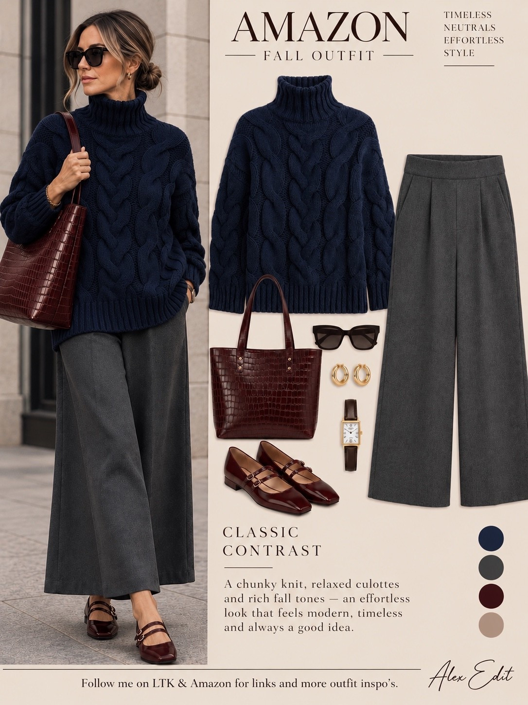 Oversized doesn’t have to mean sloppy. There’s something incredibly chic about playing with proportion when the pieces—and the colors—feel intentional. The chunky navy cable knit and fluid charcoal trousers create that relaxed, oversized silhouette, while deep burgundy accessories add richness and just enough structure to pull everything together.

It’s comfortable without looking casual, polished without relying on a fitted silhouette. Proof that sometimes more volume can have just as much sophistication as perfect tailoring. And this navy, charcoal and burgundy combination? Fall at its best. #AmazonFashion #AmazonFinds #AmazonStyle #FallStyle #FallOutfit #OversizedStyle #OversizedFashion #RelaxedStyle #PolishedCasual #EffortlessStyle #ElevatedCasual #TimelessStyle #ClassicStyle #FallColorPalette #BurgundyStyle #NavyStyle #Over40Style #Over50Style #AlexEdit

#LTKootd #LTKOver40 #LTKMidsize
