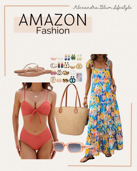 Summer outfit idea! Beach vacation maxi dress, orange coral bikini swimsuit, summer tote bag purse! Amazon finds! Amazon fashion! Amazon trends! Amazon Best sellers! Pool outfit! Lake outfit! 

#LTKSwim #LTKFindsUnder50 #LTKStyleTip
