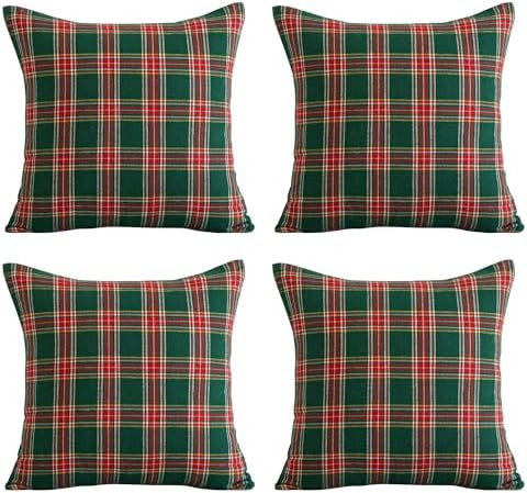 Softalker Christmas Pillow Cover 18x18 Set of 4 - Green Tartan Checkered Throw Pillow Cover, Farm... | Amazon (US)