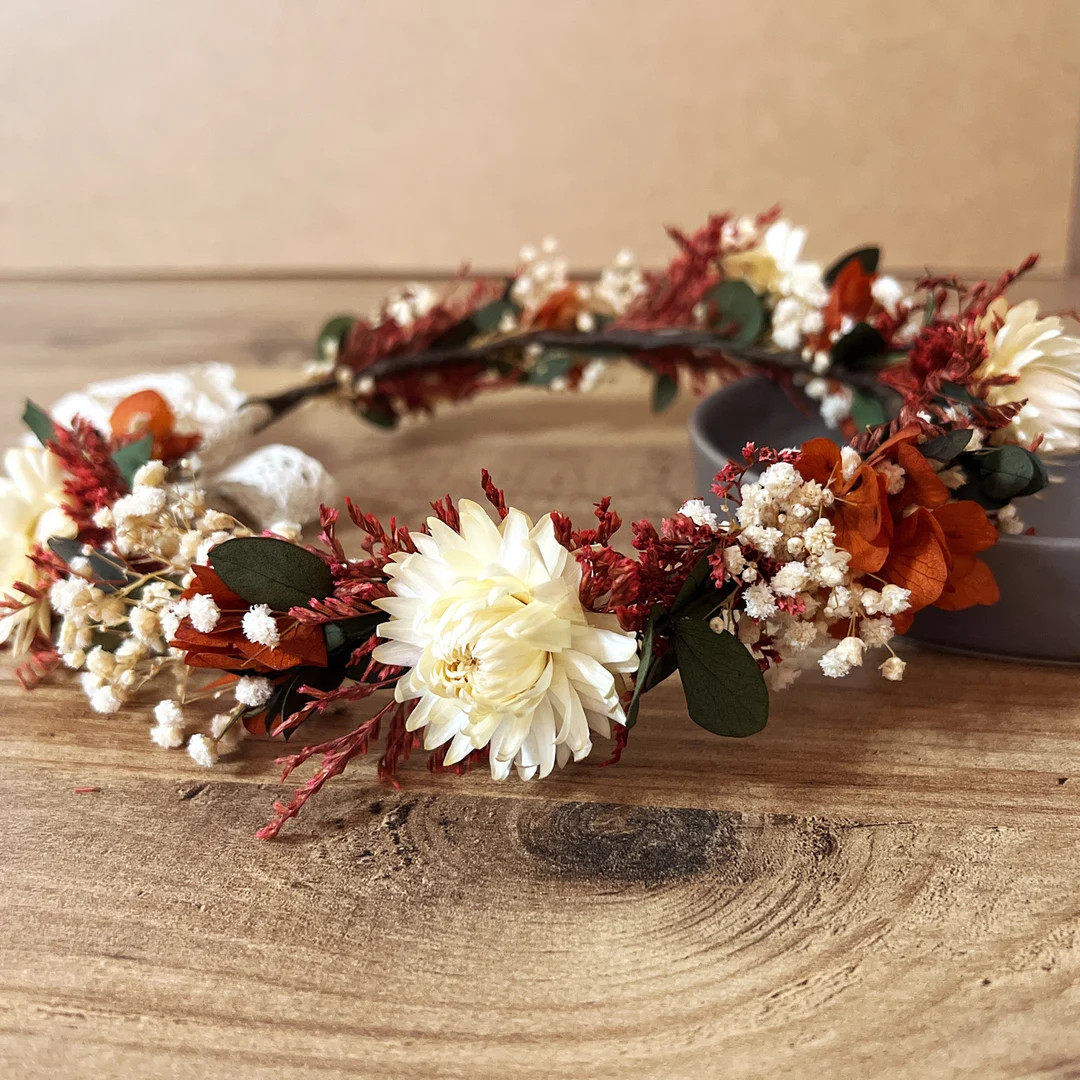 Boho Burnt Orange Dried Flower Crown, Burnt Orange Wedding Flowers, Rust Orange Floral Bridal Cro... | Etsy (US)