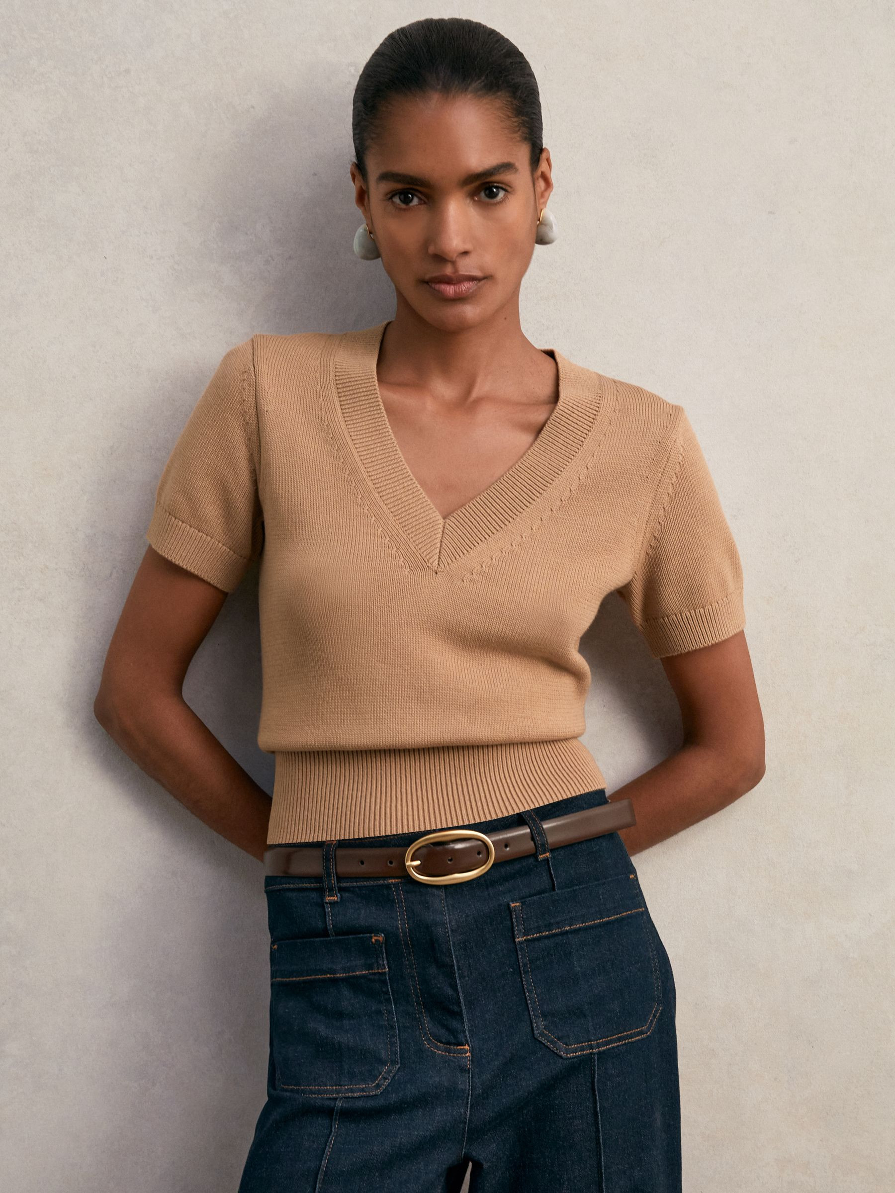 Reiss Cotton-Wool Knit V-Neck Top in Camel - REISS | Reiss UK