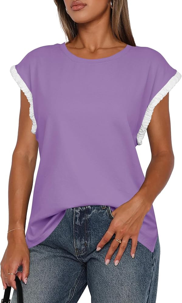 Darong Women's Casual Ruffle Cap Sleeve Crew Neck Tops Summer Cute Color Block Cotton Loose T Shi... | Amazon (US)