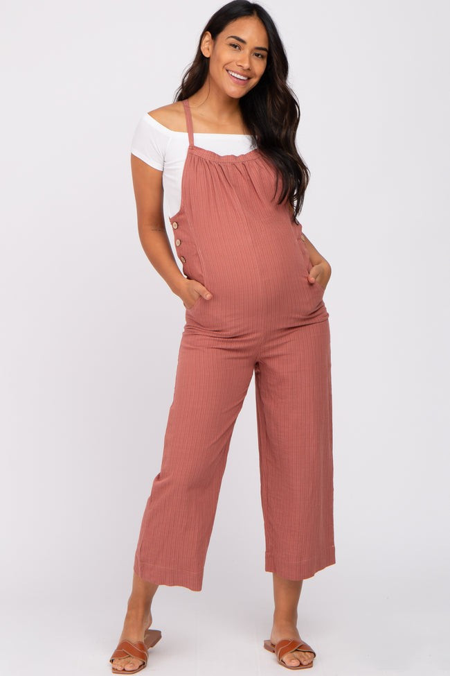 Rust Striped Wide Leg Cropped Maternity Overalls | PinkBlush Maternity