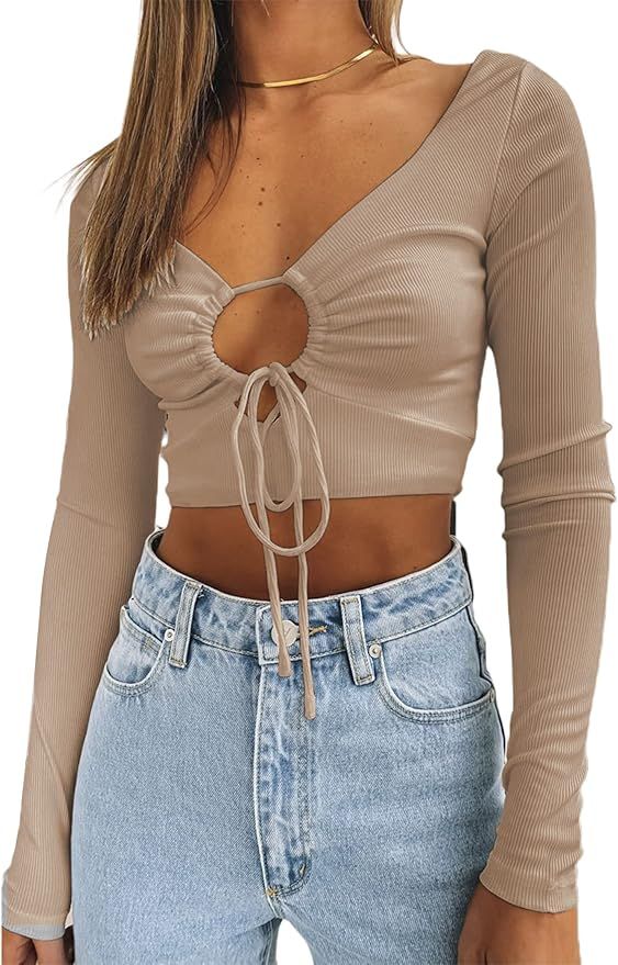 SOFIA'S CHOICE Women's V Neck Drawstring Long Sleeve Top Ruched Tie Up Hollow Out Crop Top | Amazon (US)