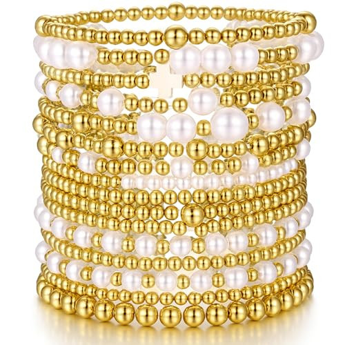 Pls Back 16 PCS Gold Bead Pearl Bracelet for Women, Gold Plated Beaded Strand Bead Ball Bracelets stack Adjustable Jewelry Set for Gifts (03-GOLD) | Amazon (US)
