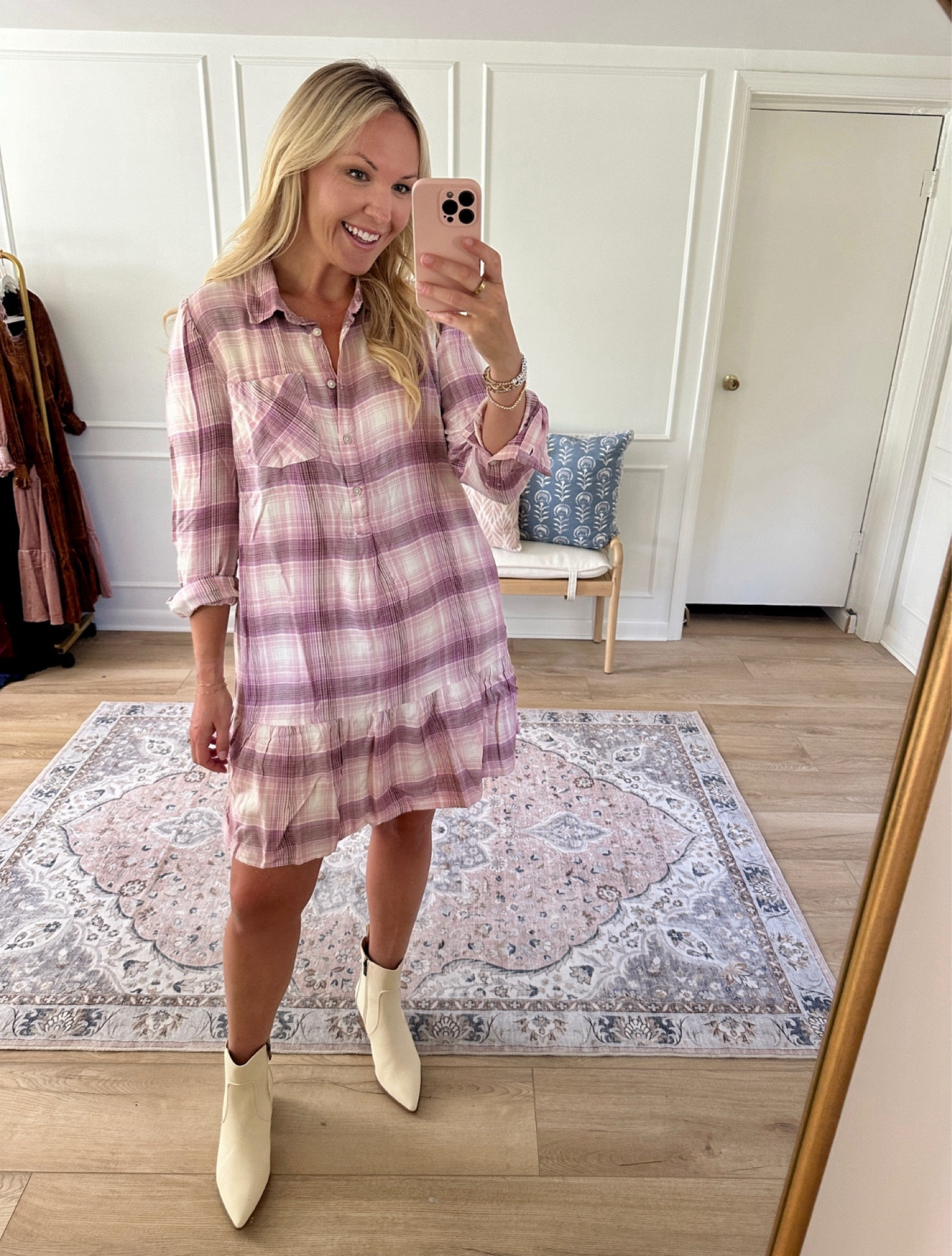 Lightweight plaid mini dress - fall outfit - work wear - teacher outfit - fall dress - wearing a med dress - boots 

#LTKStyleTip #LTKMidsize #LTKWorkwear