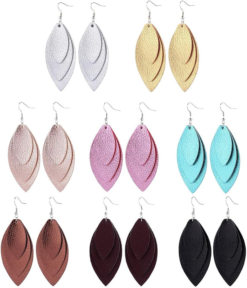 8 Pairs Leather Earrings for Women 3 Layered Lightweight Dangling Leaf Drop Earrings | Amazon (US)