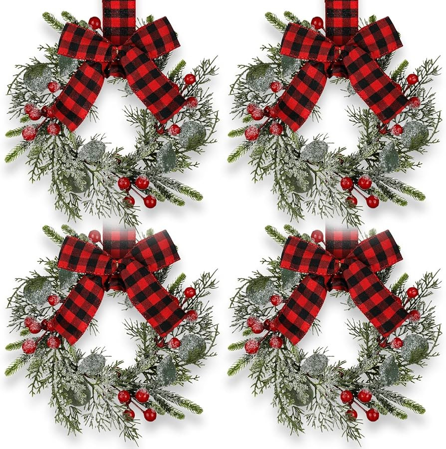 Syhood 4 Pcs 9" Mini Wreath for Front Door Artificial Wreath Faux Kitchen Cabinet Wreaths Small F... | Amazon (US)
