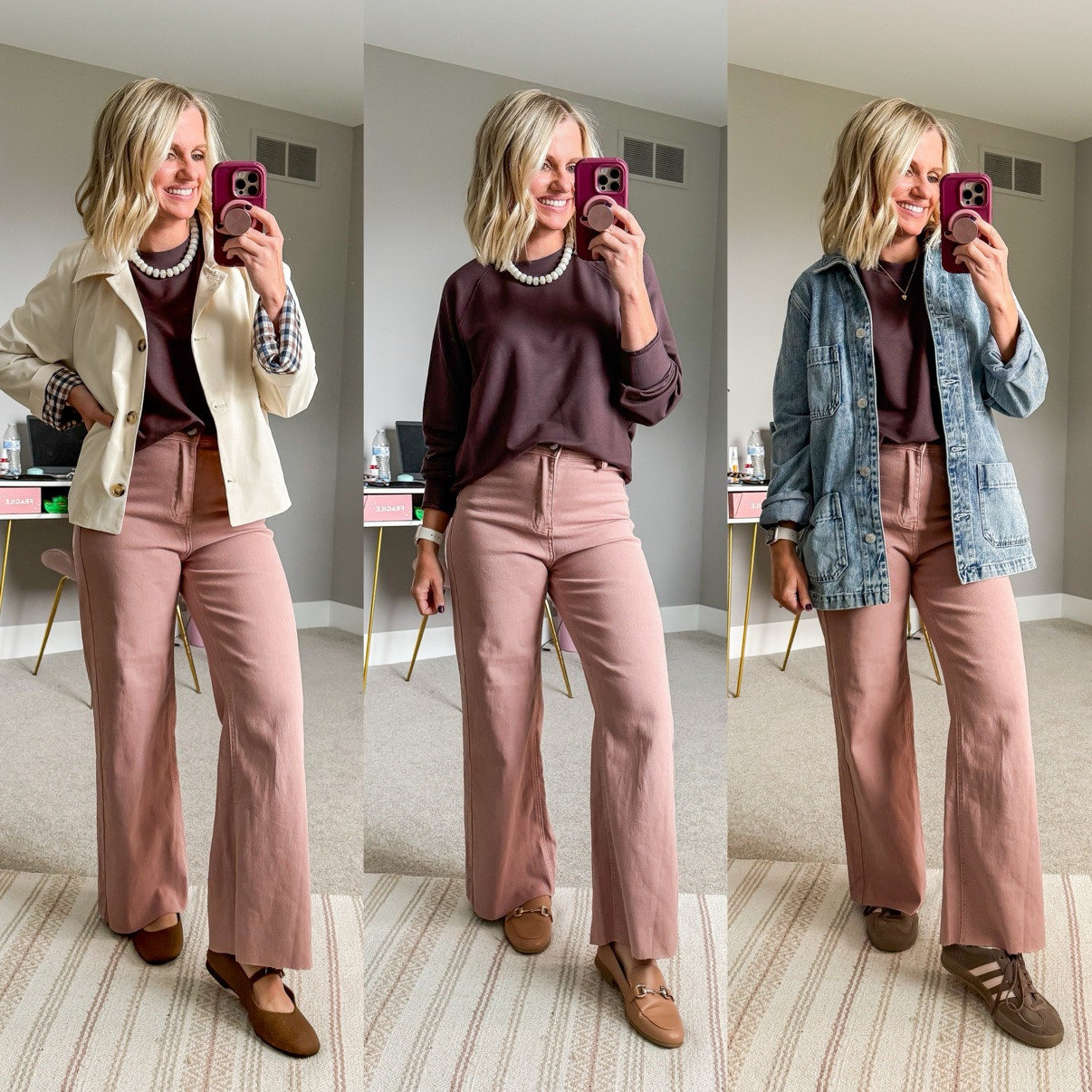 Fall Capsule 2026 🍂 Three ways I'm styling my pink corduroy wide-leg pants! This is look 8 of 8 with this piece — my 20-piece capsule mixes and matches into 120 outfits. Which one is your favorite?! Shop the pieces on my LTK! 🤎 

 #fallcapsulewardrobe #capsulewardrobe #falloutfits #fallfashion #petitestyle #affordablefashion #ltkstyle #ltkfall