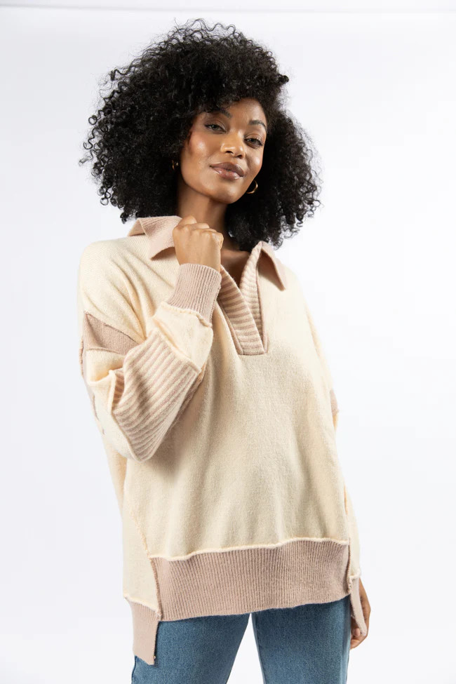 Think About It Cream and Mauve Collared Oversized Sweater | Pink Lily