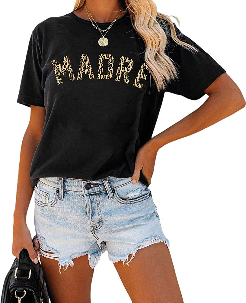 Womens Madre Leopard Print T-Shirts Short Sleeve Mama Shirts Cheetah Mom Graphic Tees Tops | Amazon (US)