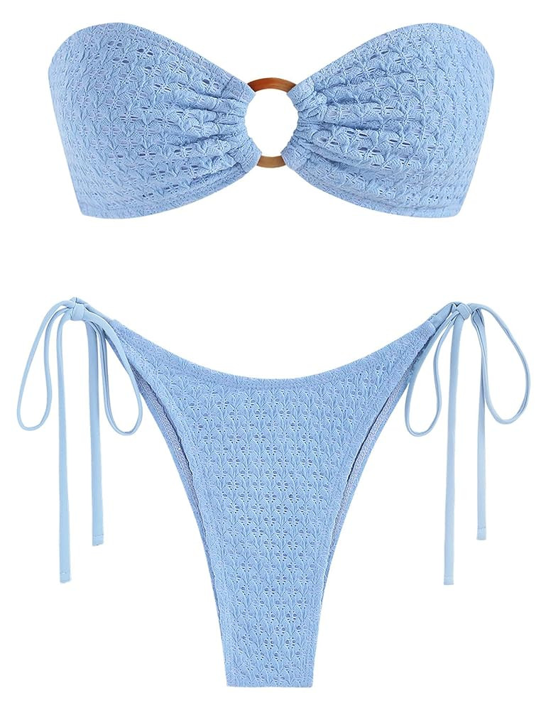 ZAFUL Women's Bandeau Bikini Strapless O Ring Lace Tie Back High Cut Two Piece Swimsuit Bathing S... | Amazon (US)
