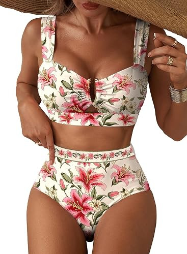 Women's High Waisted 2 Piece U Wire Cutout Bikini Sets | Floral Print Swim Suit, High Cut Wire Fr... | Amazon (US)