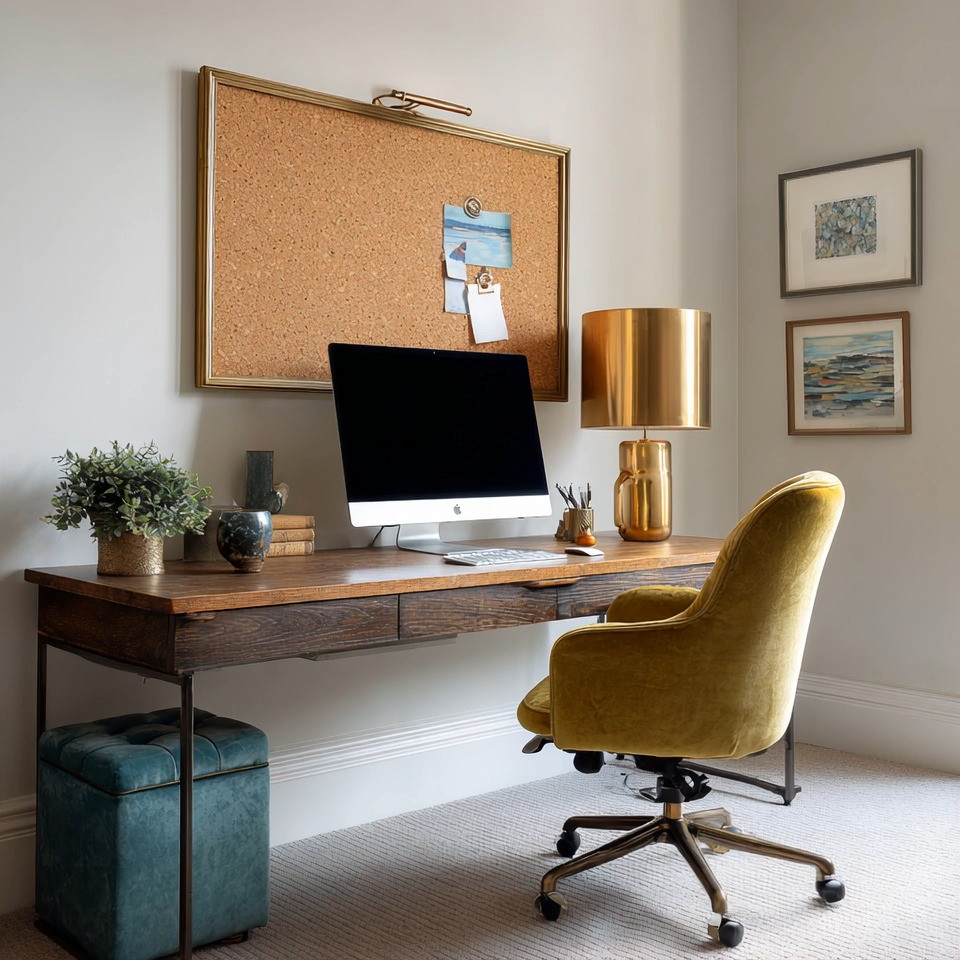 A beautiful home office doesn't need more storage. It needs more inspiration.

For years, home offices were designed around filing cabinets, bulky drawers, and hiding things away. But as our lives become more digital, the modern home office is becoming simpler, cleaner, and far more elegant.

Start with a beautiful natural wood desk. Add a cork board framed in gold to display ideas, goals, travel memories, and creative inspiration. Then bring in warmth with a gold table lamp and a comfortable velvet chair that makes you actually want to sit down and create.

The best workspaces aren't filled with clutter. They're filled with possibility.

Whether you're building a business, working remotely, writing, designing, or simply planning your next chapter, a thoughtfully designed office can make every day feel more intentional.

Create a workspace that inspires your best ideas.

#HomeOfficeDesign #WorkFromHome #OfficeDecor #ElegantAndDriven 

 #LTKHome #LTKMens