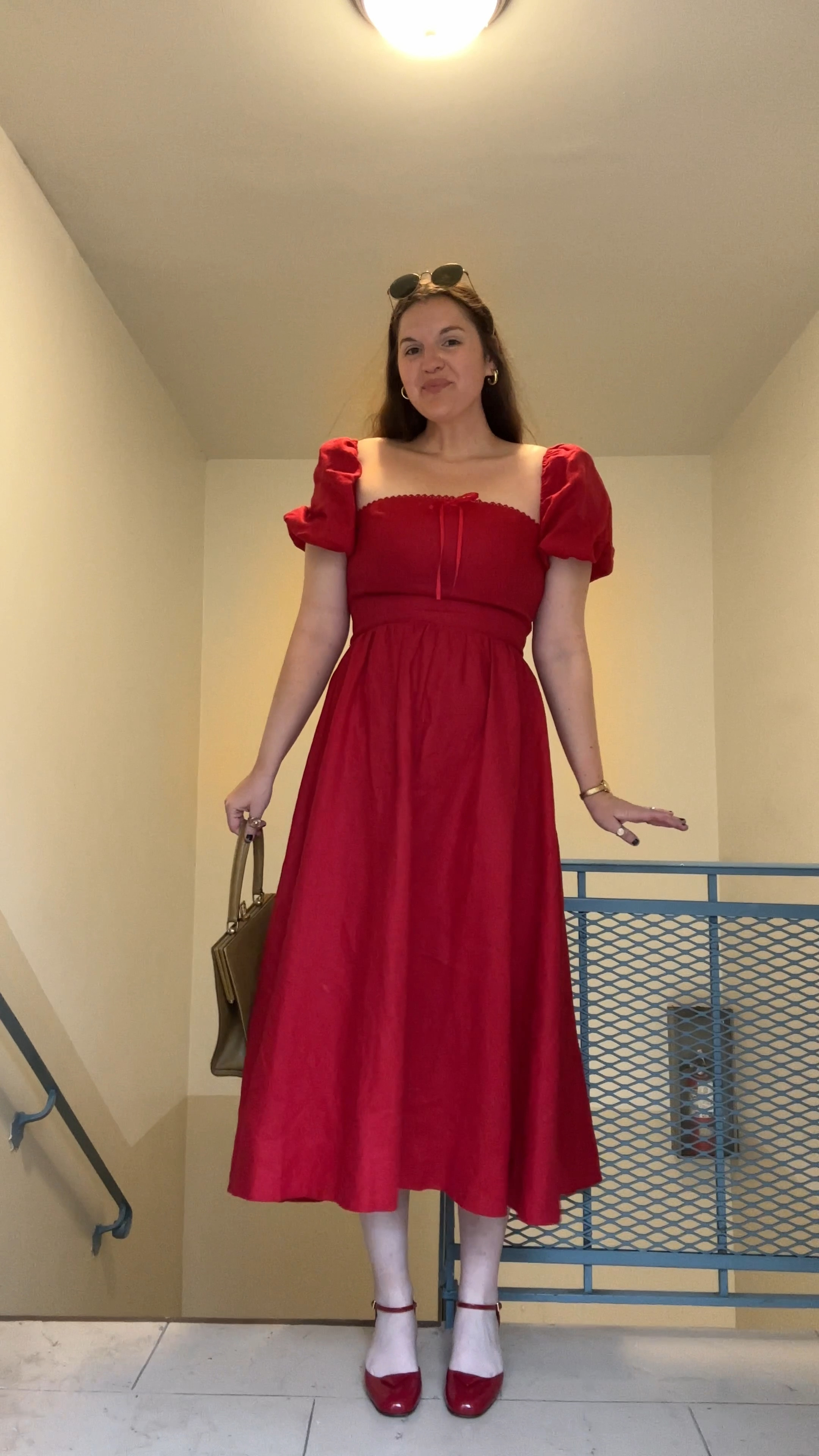 Reformation Marella Linen Puff-Sleeve Midi-Dress, red sundress, anthropologie, shopbop, Sister Jane heart embroidered jacket in cream, asos, prada red Open-Sided Patent Leather Pumps, kitten heels, vintage fendi bag, spring / summer, work outfit, office outfit, rayban round sunglasses, gold jewelry from Amazon (hoop earrings, rings)

#LTKFindsUnder100 #LTKFindsUnder50 #LTKStyleTip