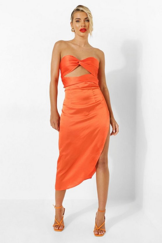 Satin Bandeau Knot Front Resort Midi Dress | Boohoo.com (US & CA)