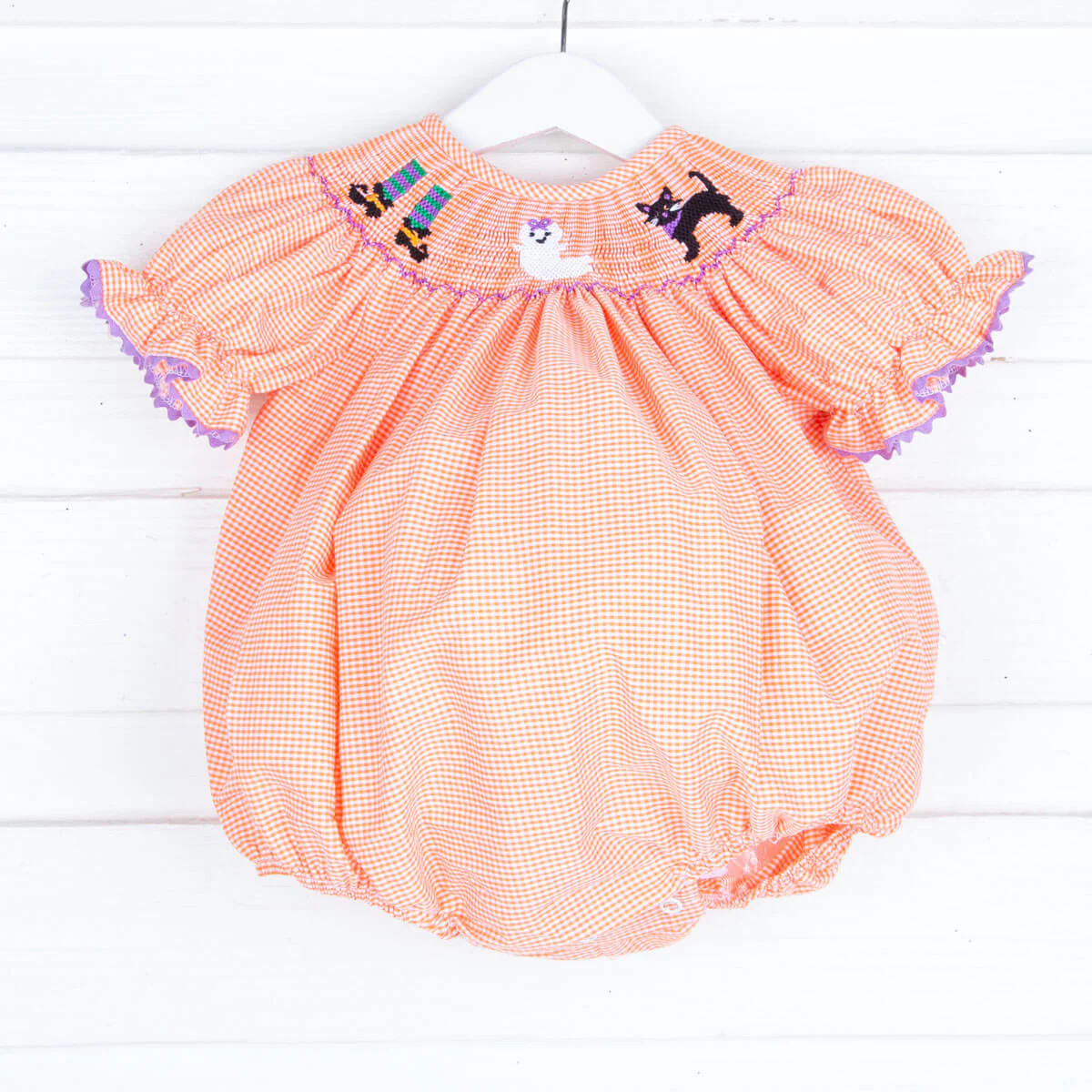 Smocked Halloween Orange Gingham Bubble | Classic Whimsy