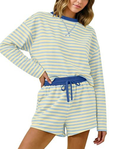 Dsewpaur Women’s 2 Piece Striped Lounge Outfits Long Sleeve Oversized T Shirts Drawstring Shorts Matching Pajamas Set Blue Yellow | Amazon (US)
