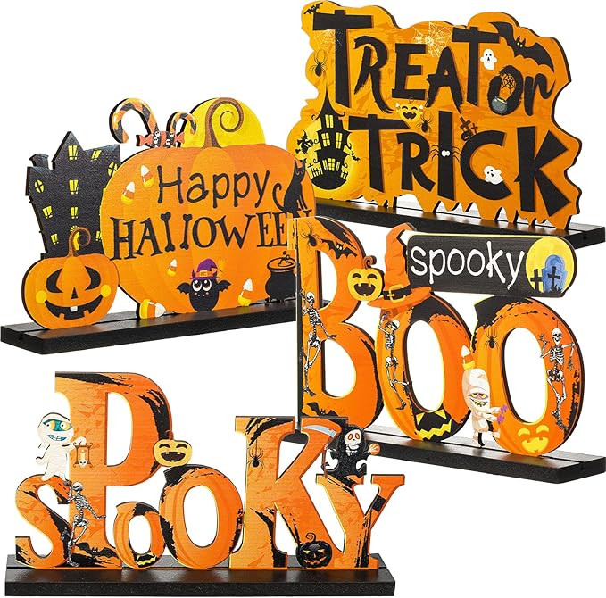 Blulu 4 Pieces Halloween Decorations, Happy Halloween Table Centerpiece Boo Wooden Sign Trick or ... | Amazon (US)