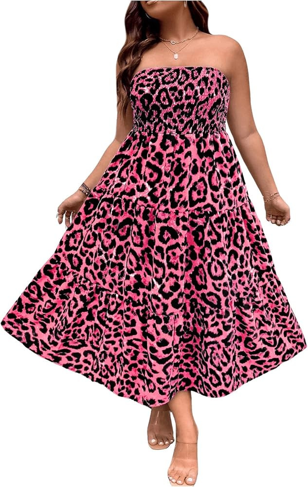 Floerns Women's Plus Size Sleeveless Leopard Print Shirred Tube Ruffle Hem A Line Dress | Amazon (US)