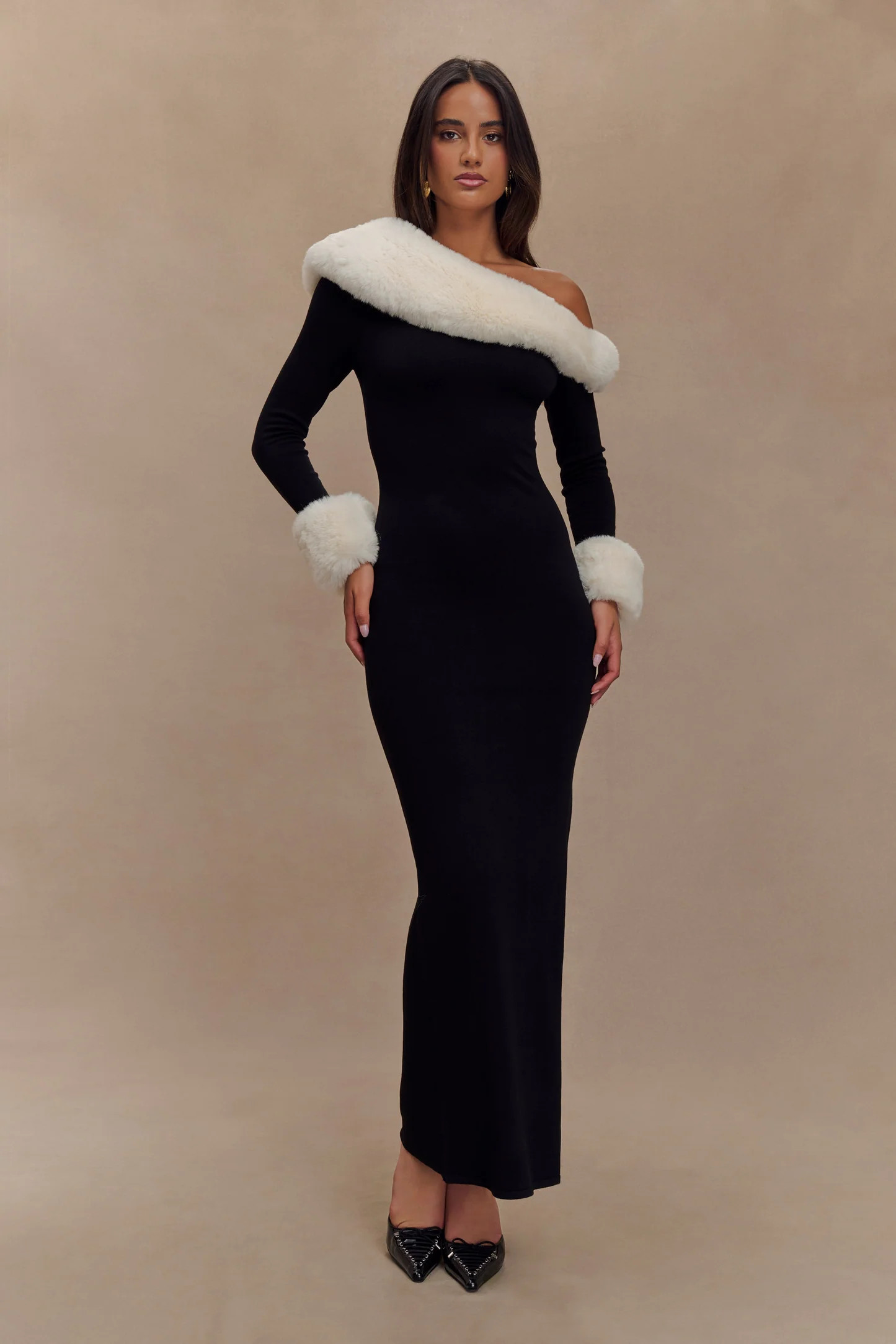 Karleigh Faux Fur Knit Maxi Dress - Black/White | MESHKI US