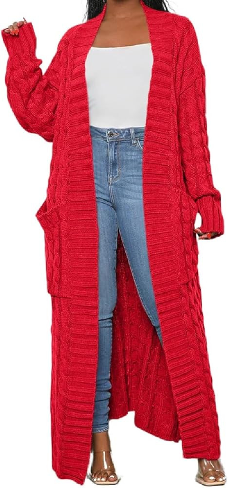 Womens Thin Stylish Cable Knit Dual Extra Long Maxi Cardigan with 2-Pockets | Amazon (US)