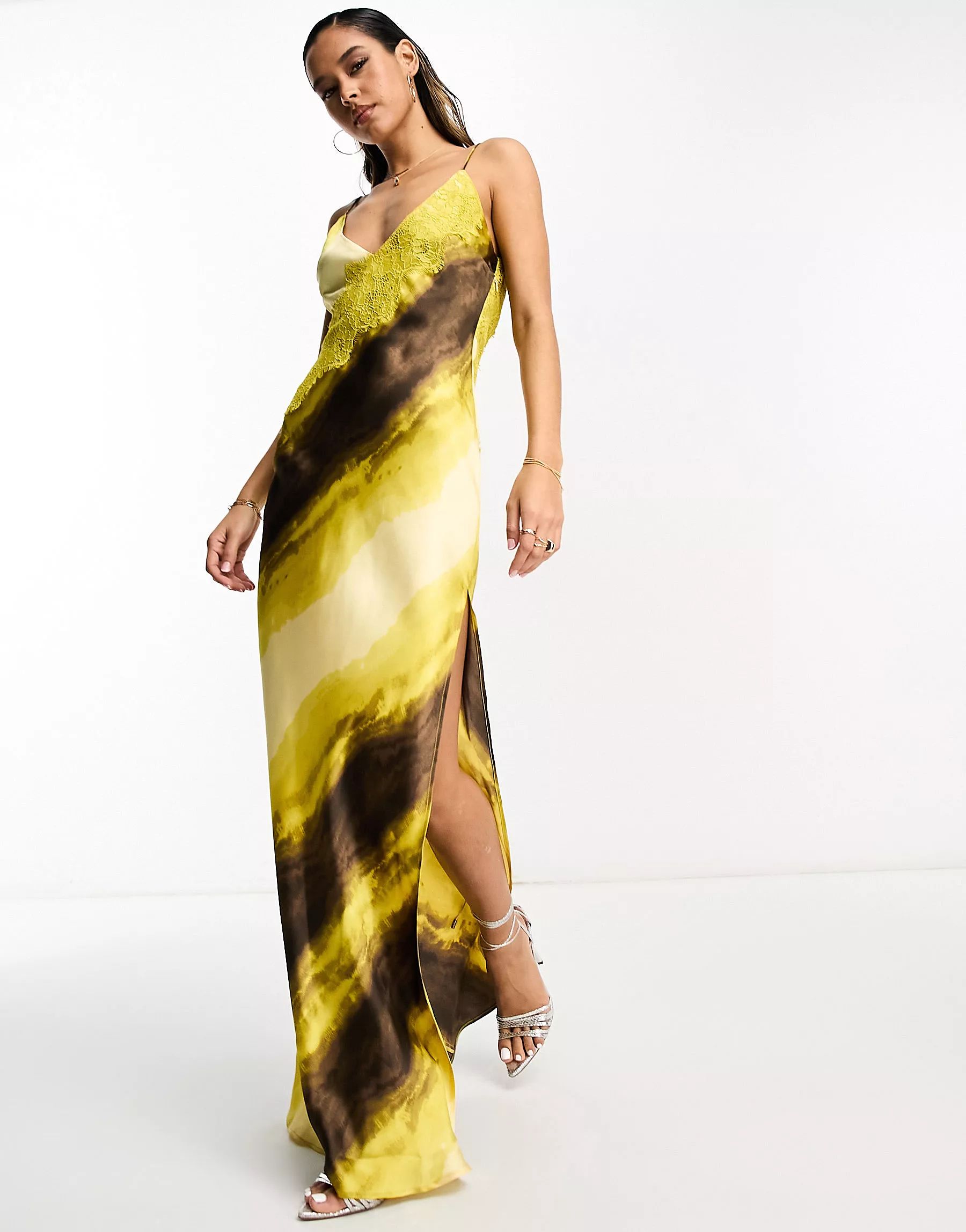 ASOS DESIGN satin cowl back cami maxi dress with lace applique in sunset print | ASOS (Global)
