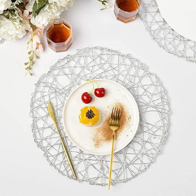 IcosaMro Silver Round Placemats for Dining Table Set of 6 Non-Slip Woven Heat Resistant Circle Ta... | Amazon (US)