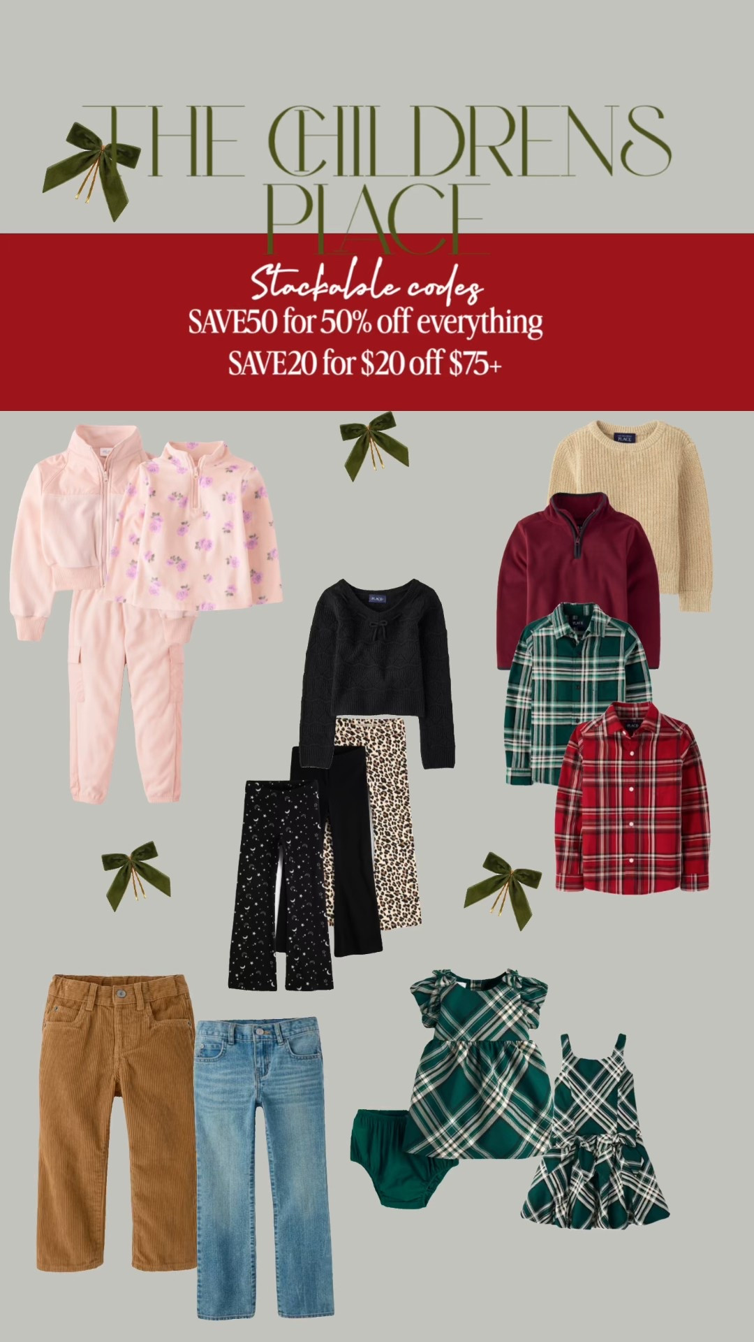 Get 50% off with code SAVE50 plus use place bucks for $10 off of every $30 spent or use stackable code SAVE20 for an additional $20 off of $75+ 

They have the cutest pajamas for kids and families! You can dress them for Christmas or gift them cozy, cute pajamas and clothes!

#christmasgifts #christmasoutfits #kids #thechildrensplace 

#LTKKids #LTKHoliday #LTKGiftGuide