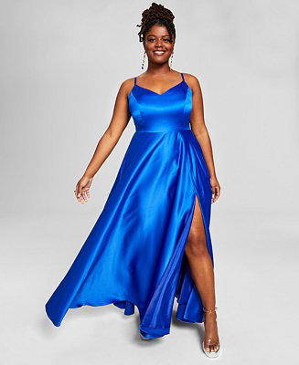 Trendy Plus Size Satin Sleeveless Front-Slit Gown | Macy's