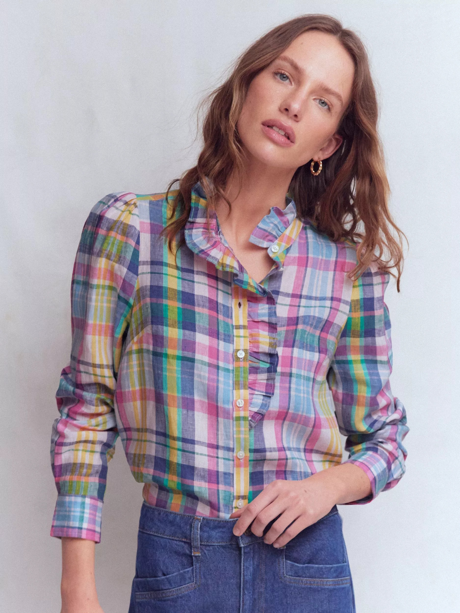 Isabel Check Ruffle Pure Linen Shirt, Multi | John Lewis (UK)