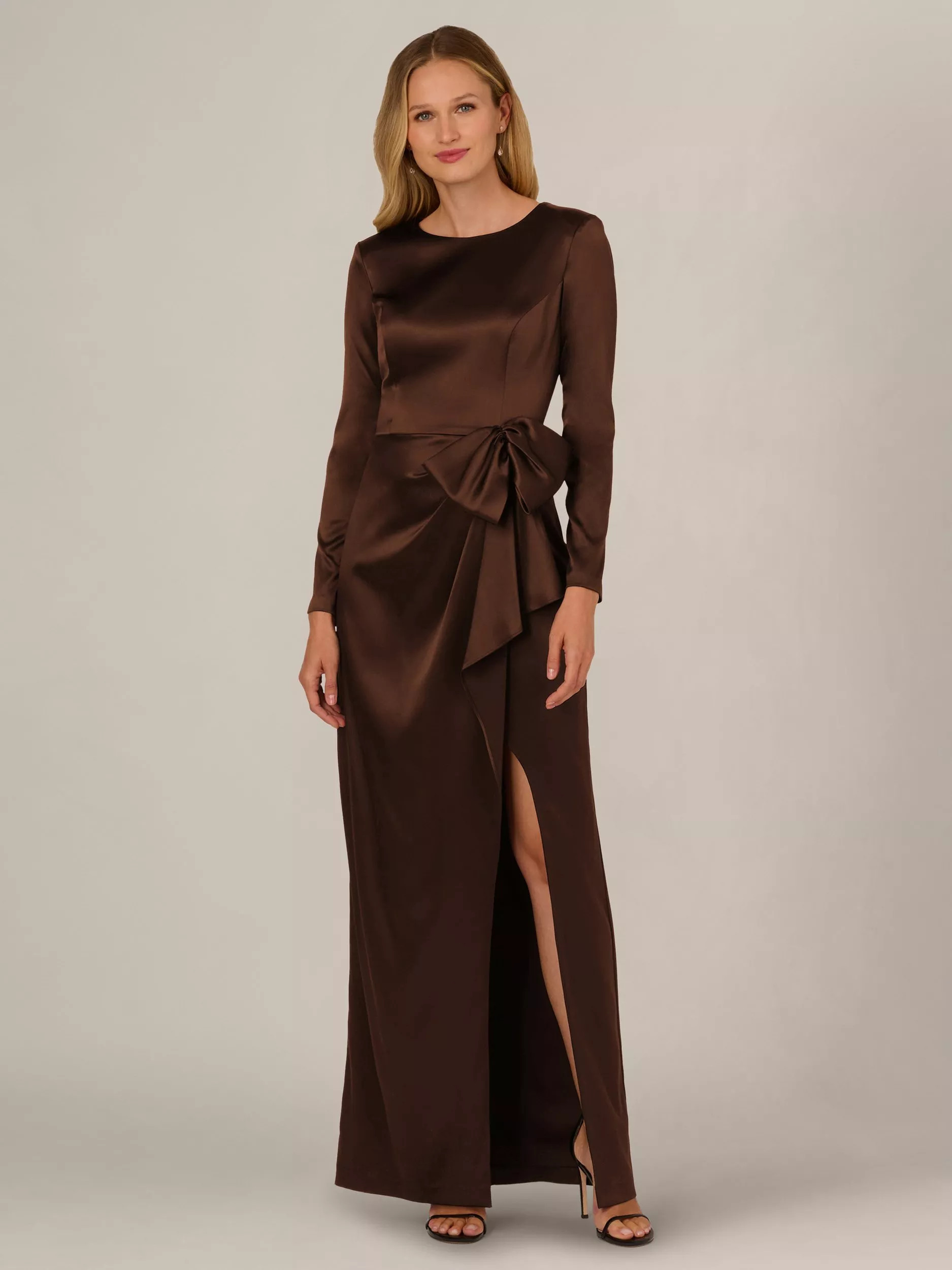 Adrianna Papell Stretch Satin Ruffle Gown, Chocolate | John Lewis (UK)