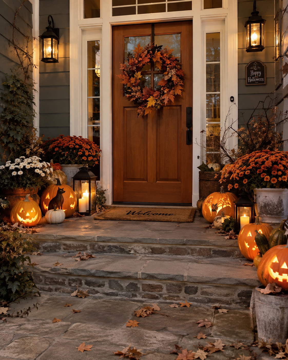 This cozy Halloween porch is giving all the classic spooky season vibes 🎃🕯️ The glowing pumpkins, warm lanterns, fall wreath, and pretty mums make the whole entry feel so welcoming and festive. Such a cute way to decorate for Halloween without going too over the top. 🧡👻

#HalloweenPorch #HalloweenDecor #SpookySeason #FallPorchDecor #PumpkinDecor #HalloweenInspo #FallHomeDecor #FrontPorchDecor #CozyFallVibes #HalloweenHome #AutumnDecor #PorchInspo 

 #LTKSeasonal #LTKHome #LTKSaleAlert