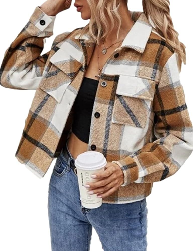 Peaceglad Women's Fashion Cropped Flannel Plaid Shacket Long Sleeve Button Down Jacket Coat | Amazon (US)