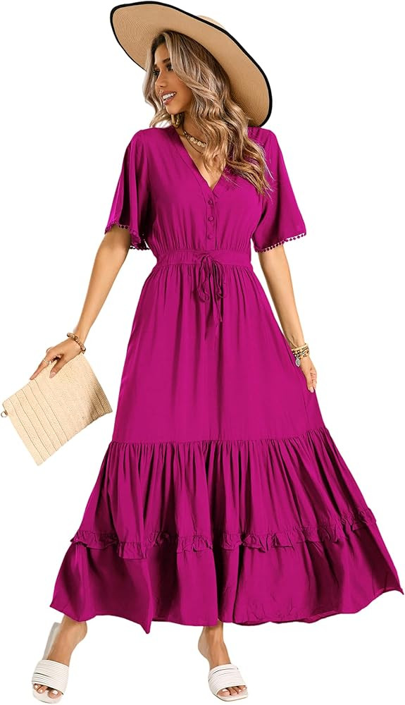 R.Vivimos Womens Summer Cotton Short Sleeve V Neck Floral Print Casual Bohemian Midi Dresses | Amazon (US)