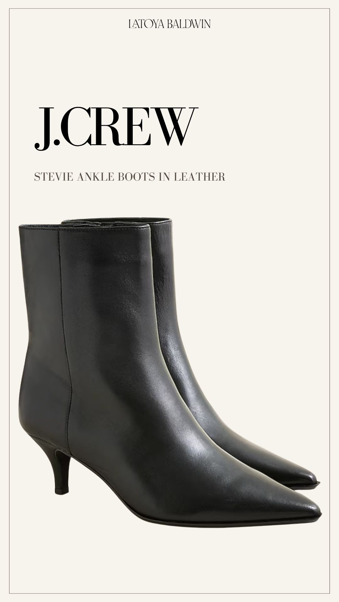 The J.Crew Stevie boots are one of those pairs that go with everything. Clean shape, good leather, and a heel you can actually walk in. An easy everyday boot if you want something polished without feeling fussy.
#jcrew #ankleboots #fallworkwear #workboots #fallboots 

 

#LTKWorkwear #LTKShoeCrush #LTKSeasonal