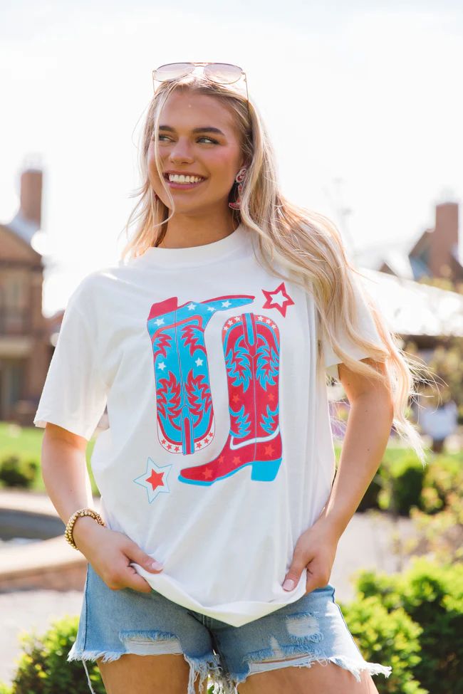 Red White and Boots White Oversized Graphic Tee DOORBUSTER | Pink Lily