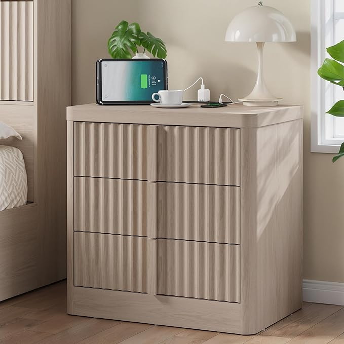 Fluted Nightstand with Charging Station, 23.6" Night Stand with Solid Wood Handle, Mid Century Mo... | Amazon (US)
