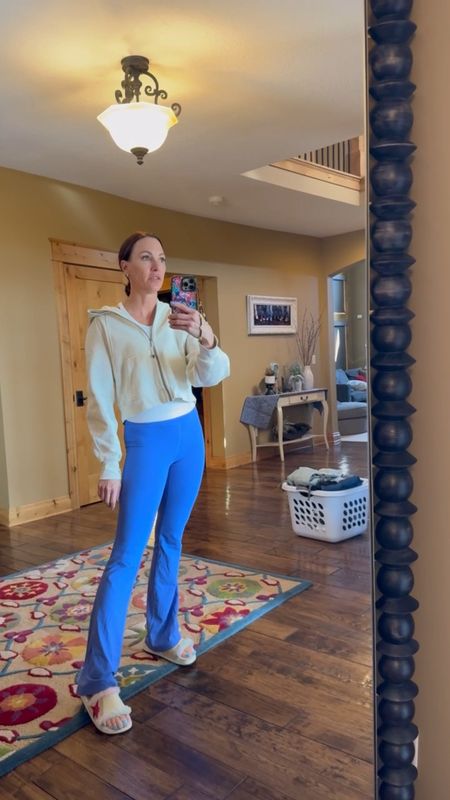 Loving these lululemon flare leggings! So cute and comfortable a plus this ocean blue color is perfect so spring and summer! Wearing size 4 in leggings. Size xs/s in zip up scuba. Size 8 in golden goose sandals. 

#LTKVideo #LTKover40 #LTKstyletip