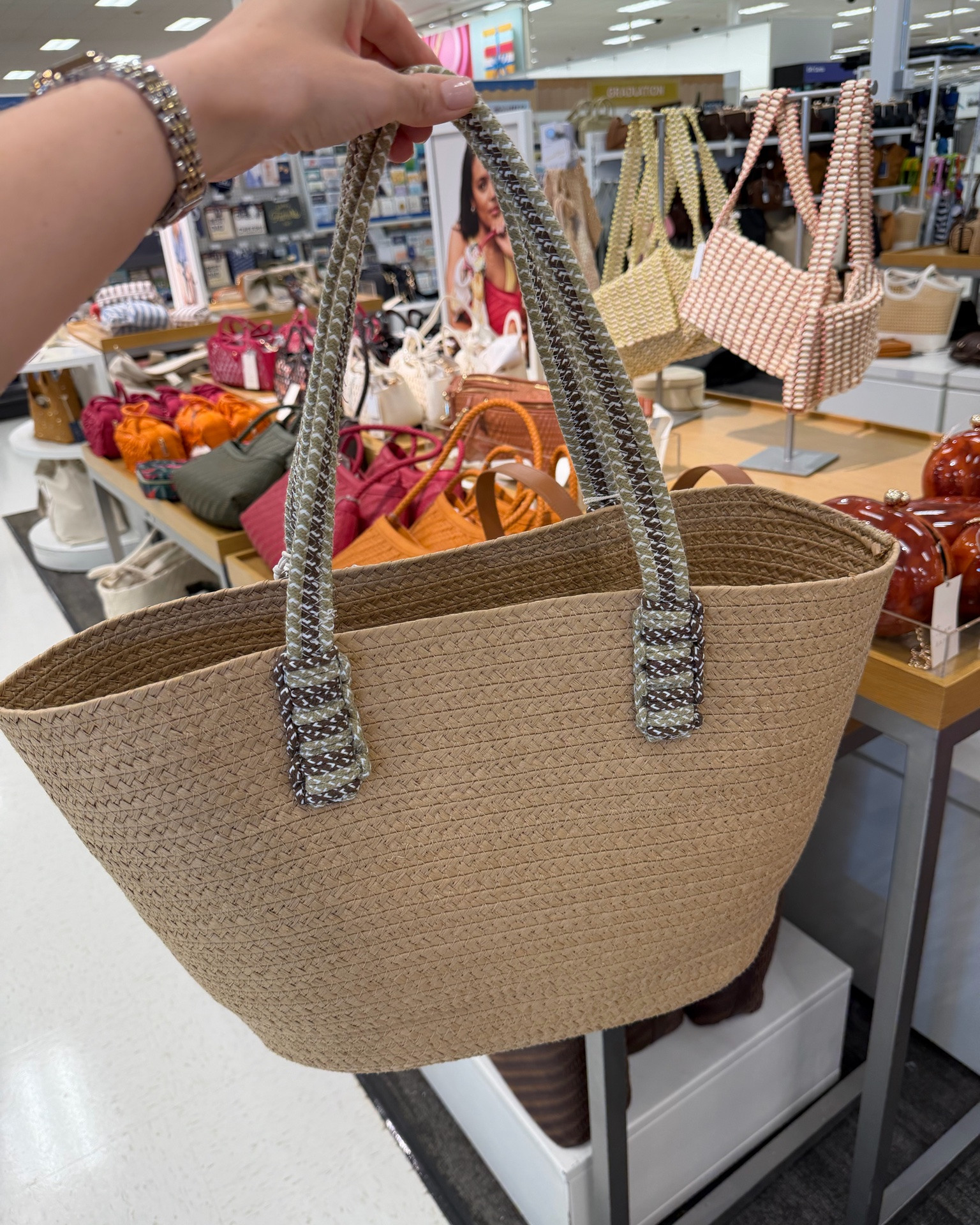 A few good Target summer straw bags, crossbody bag for everyday or travel and some colorful bracelets. #targetstyle