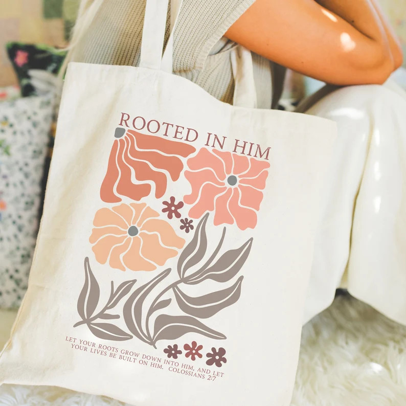 Rooted In Him Tote Bag, Christian Tote Bag, Religious Canvas Shopping Bag, Bible Verse Reusable T... | Etsy (US)