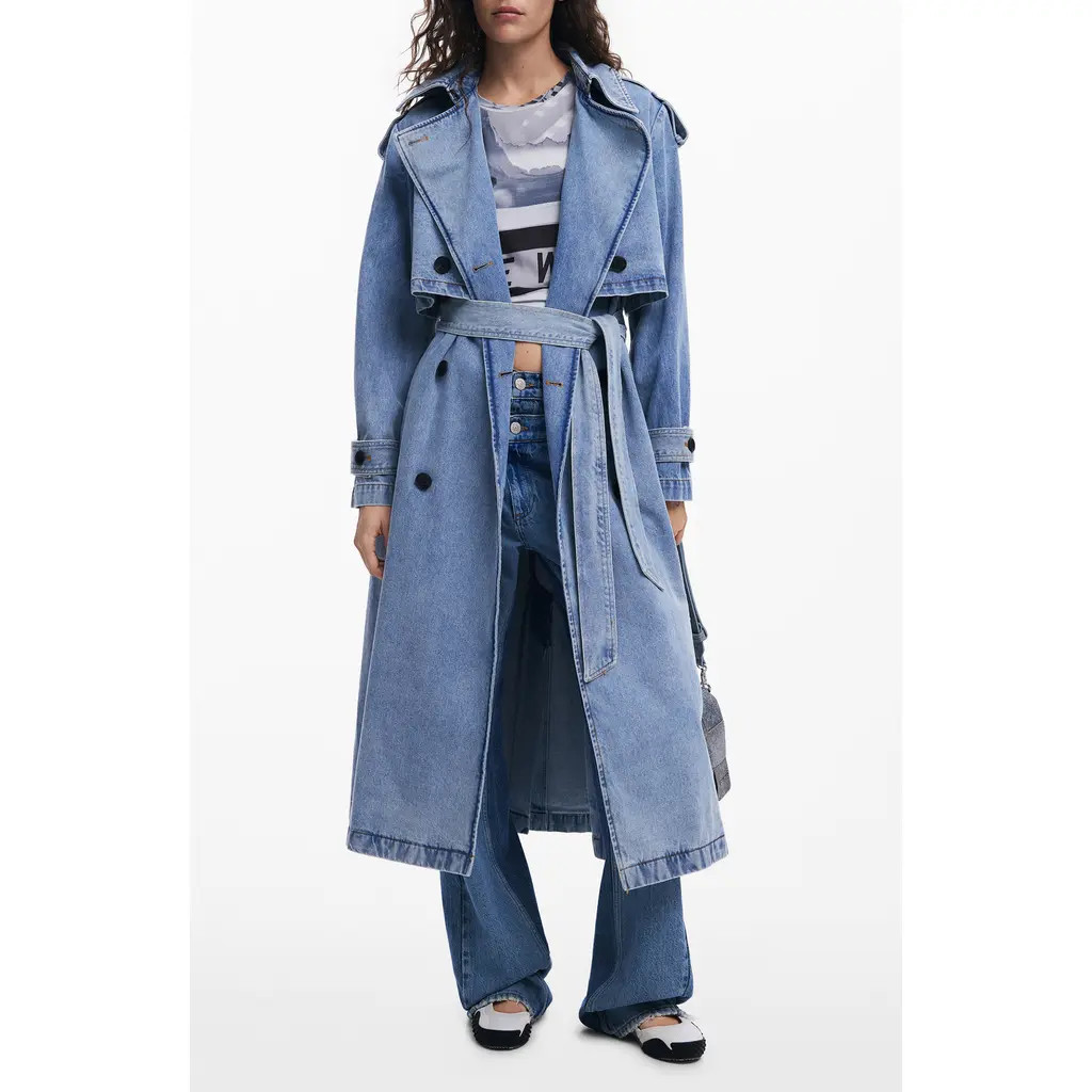 Desigual Denim Trench Coat in Blue at Nordstrom, Size Medium | Nordstrom