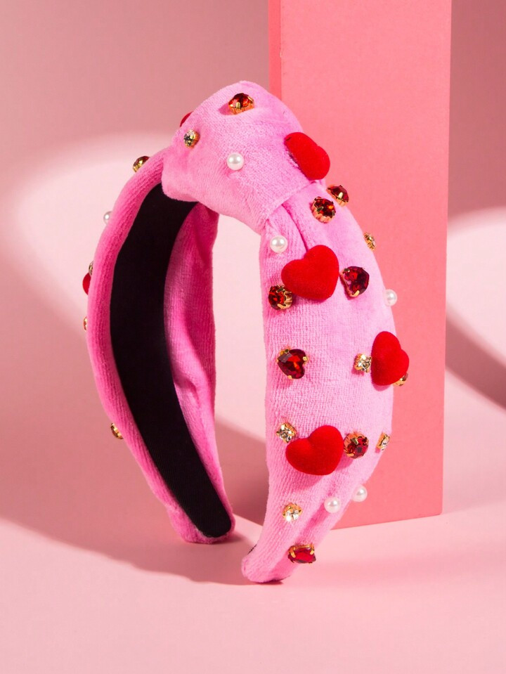 1pc Women's Pure Pink Velvet Knotted Wide Headband With Hand-Sewn Pearl Rhinestone Heart Decor, E... | SHEIN