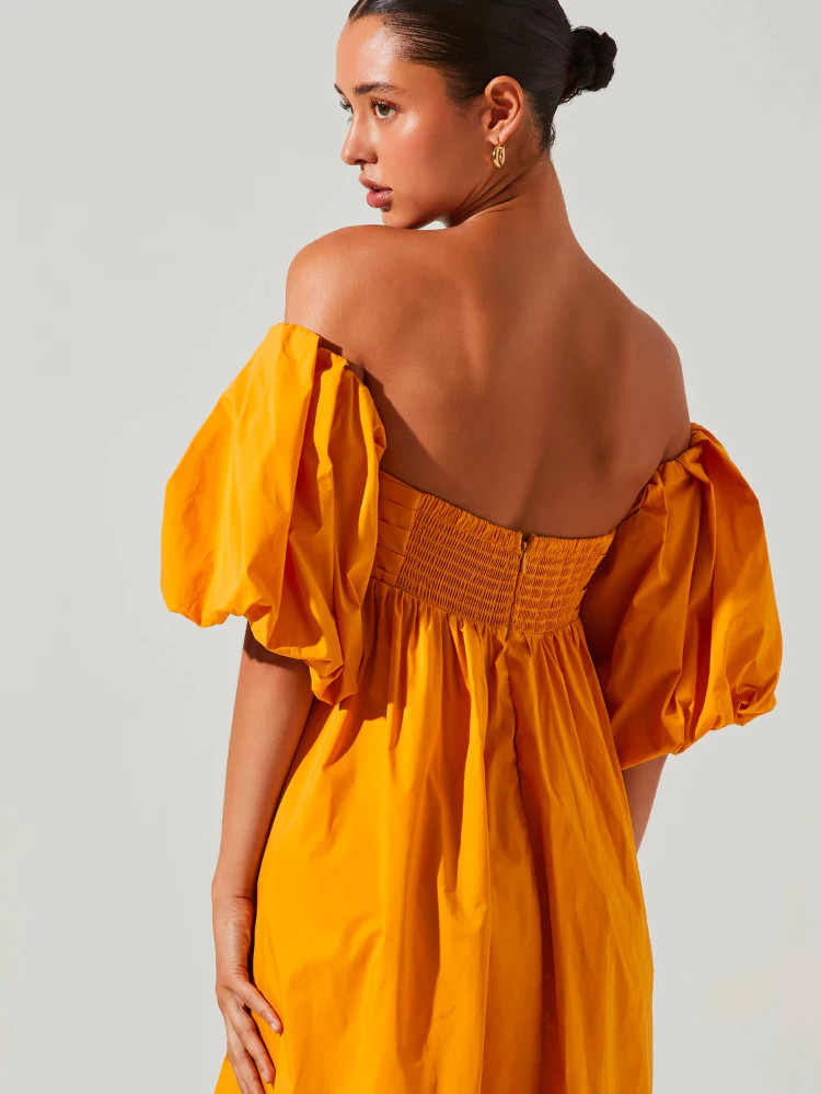 Carlin Off the Shoulder Puff Sleeve Mango Midi Dress | Confête