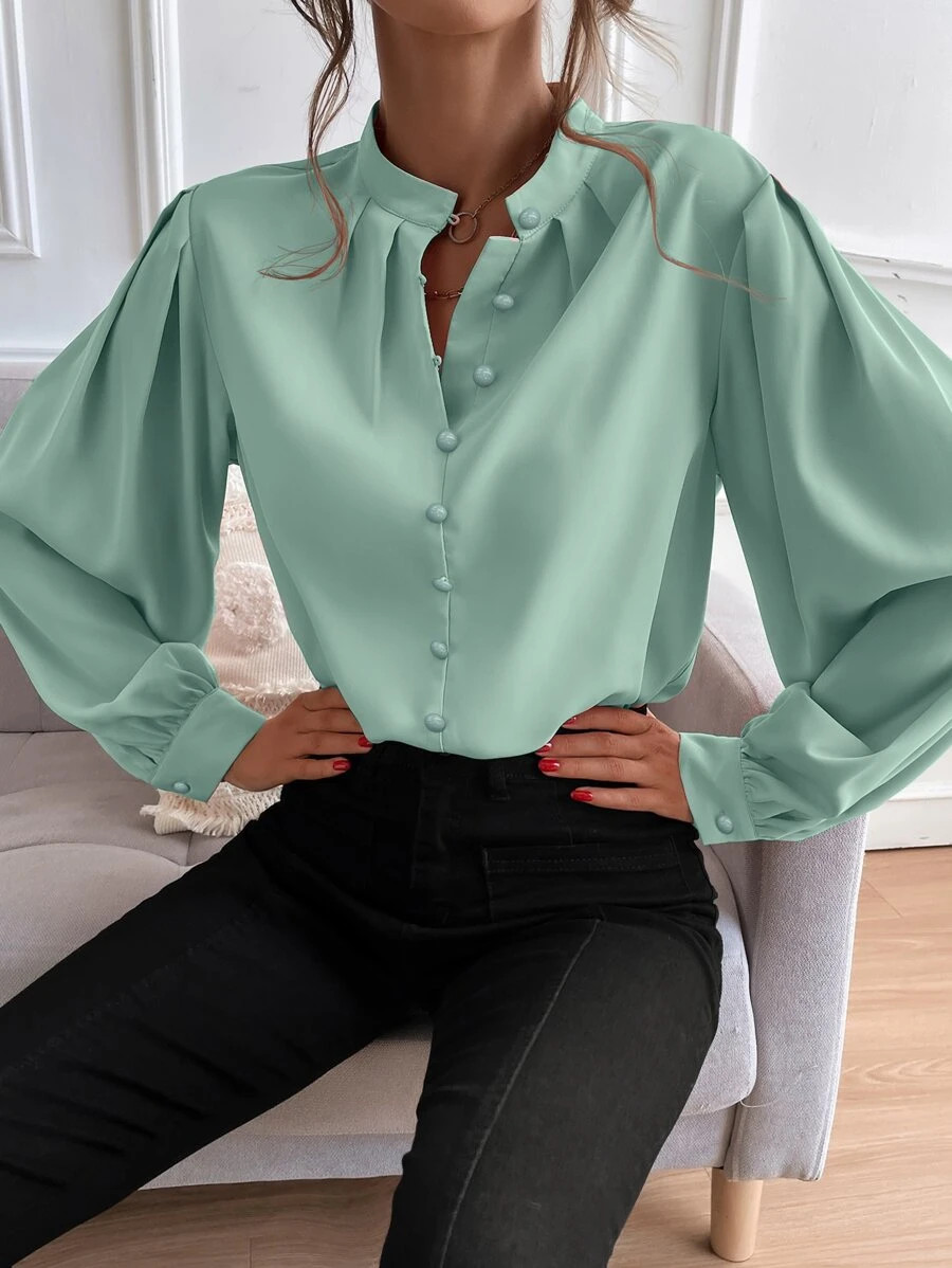 SHEIN Unity Bishop Sleeve Button Up Blouse,Long Sleeve Tops Fall Cloth For Women | SHEIN