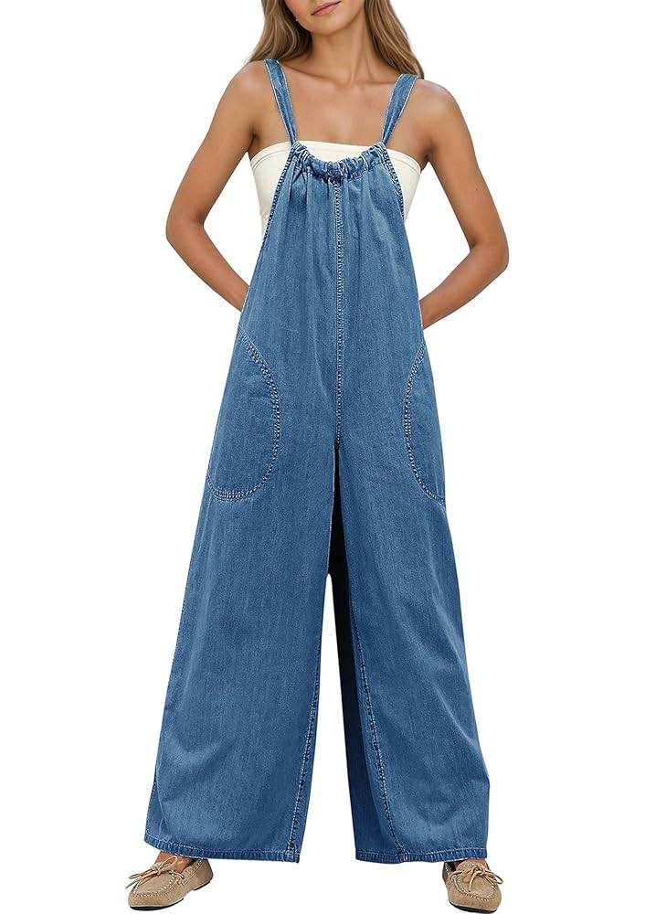 Women's Slouchy Denim Overalls Wide Leg Jumpsuit Casual Adjustable Tie Back Backless Jean Rompers... | Amazon (US)
