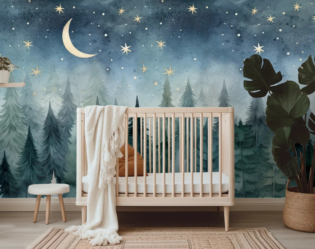 Peel and Stick and Traditional Starry Night Sky Wall Mural Nursery Bedroom Wallpaper - Stars Cres... | Etsy (US)