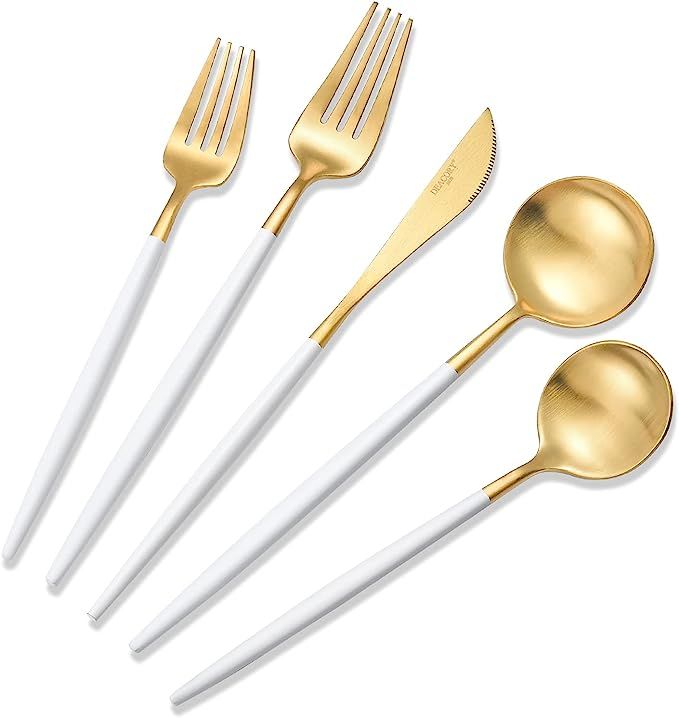 DEACORY Flatware Set Silverware Set White and Gold 18/10 Stainless Steel Cutlery Set with 20 Piec... | Amazon (US)