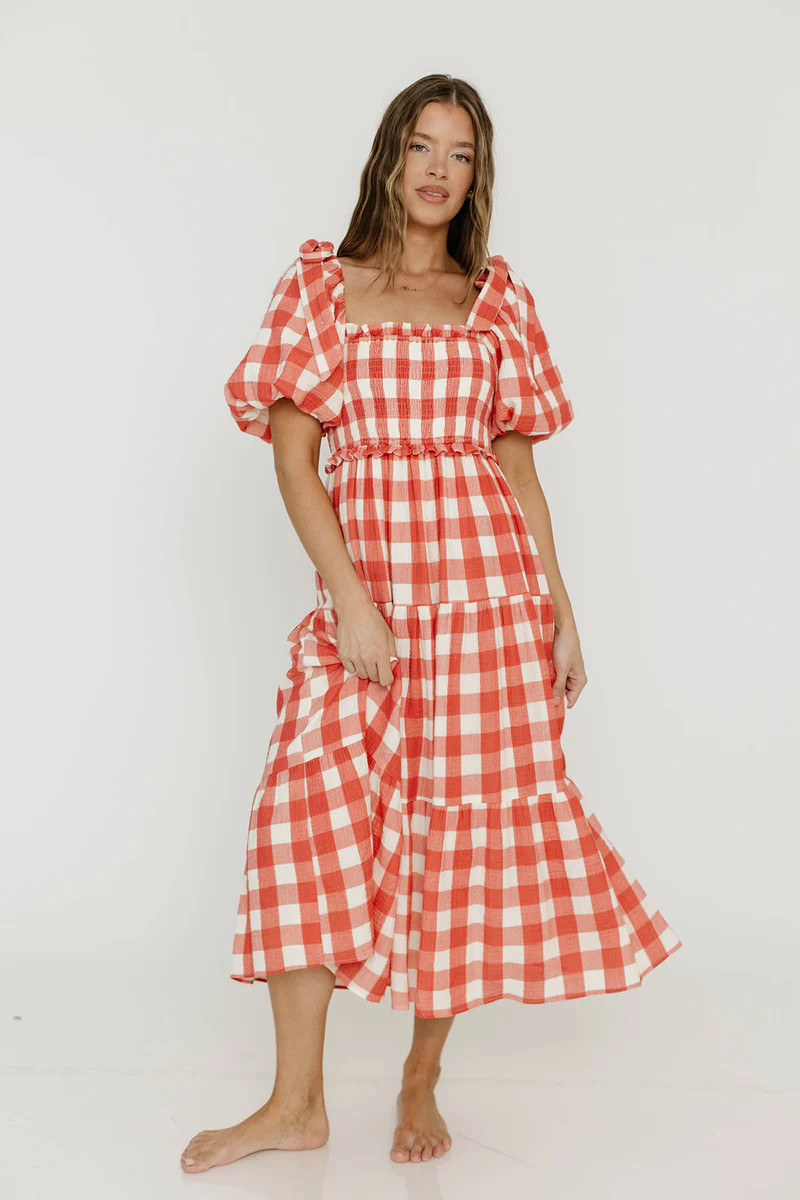 Elena 100% Cotton Gingham Midi Dress in Red - Bump Friendly | Worth Collective