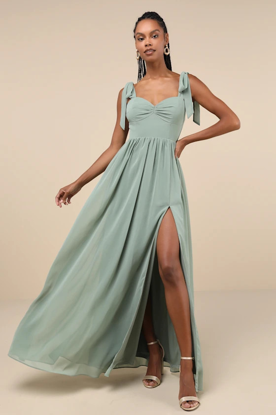 Radiant Charisma Sage Brush Chiffon Ruched Tie-Strap Maxi Dress | Lulus